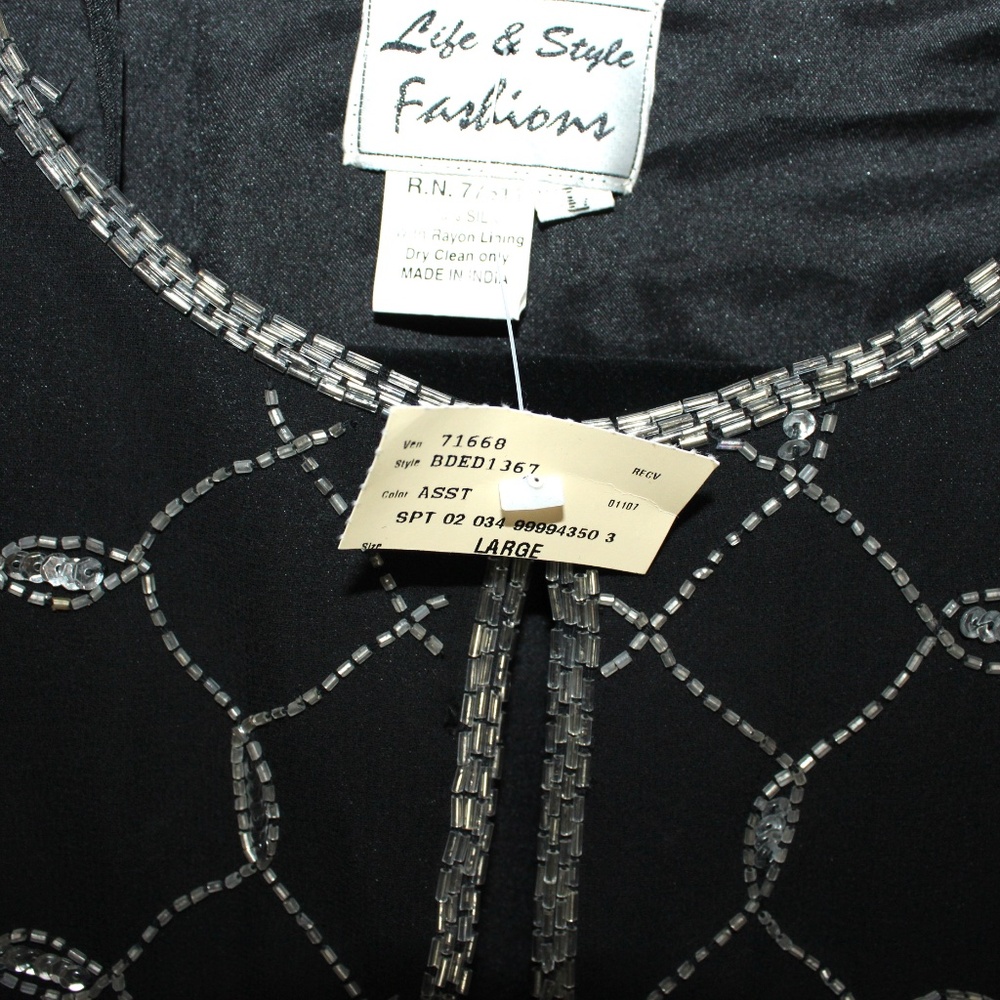 Women’s Silk Beaded Dress Jacket, Black and Silvertone, Size Large - Picture 5 of 6